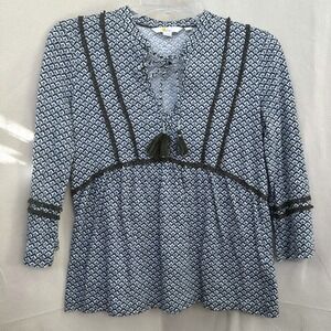 Boden Tunic Top Women 4R Blue‎ Geometric Tassel Tie Neck Retro Boho Peasant Work